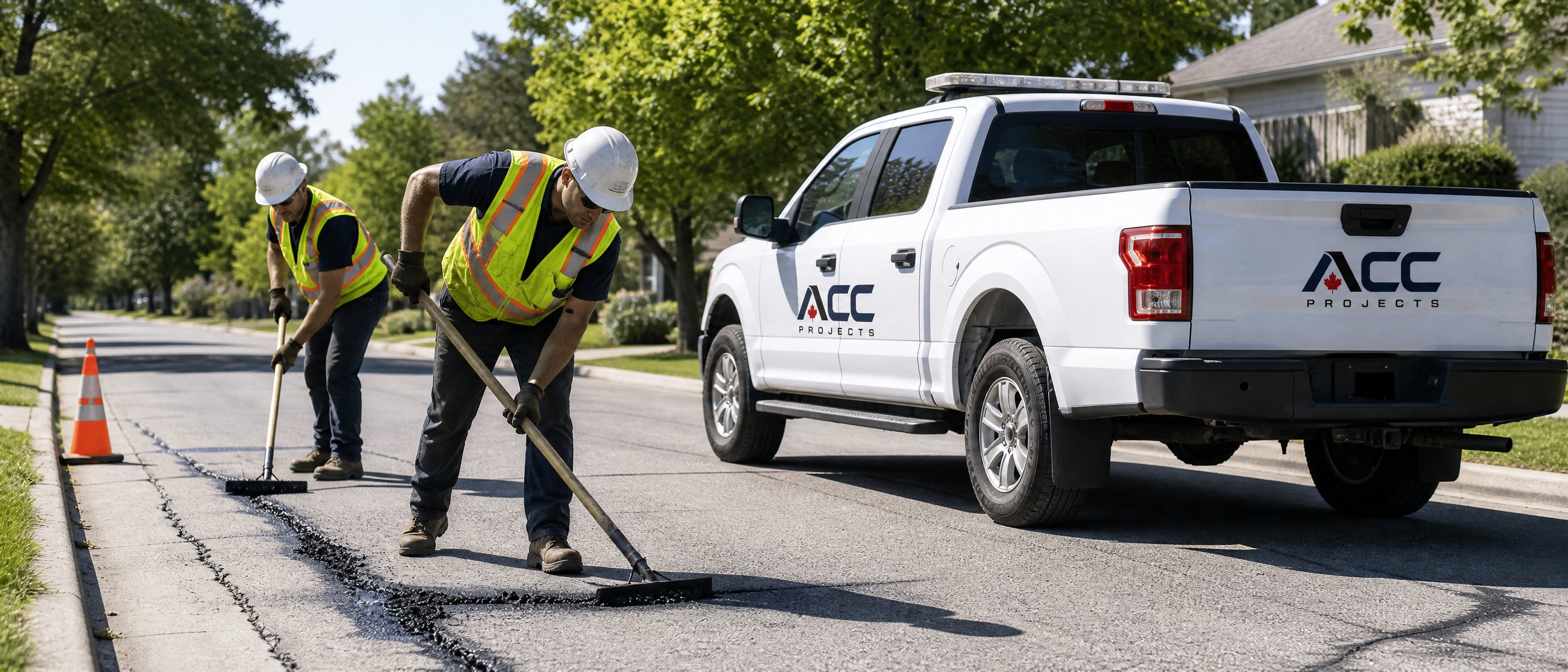 Municipal road repair crew in safety vests sealing asphalt